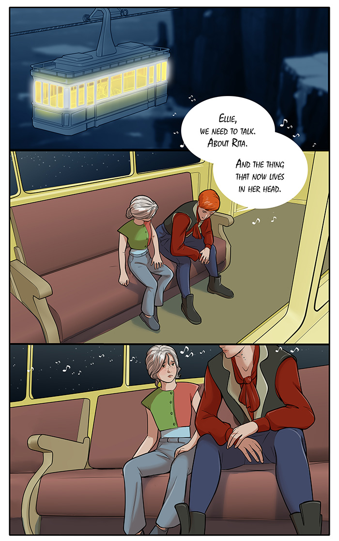 Gifts of wandering ice - Page 1159 - The thing in her head - webcomic, comic, indie, graphic novel, genre, scifi, sci-fi, sf, science fiction, postapocalyptic, ice age, cableway car, night scene, starry sky, redhead, muscular girl, girl with grey hair, conversation Page 1159 - The thing in her head