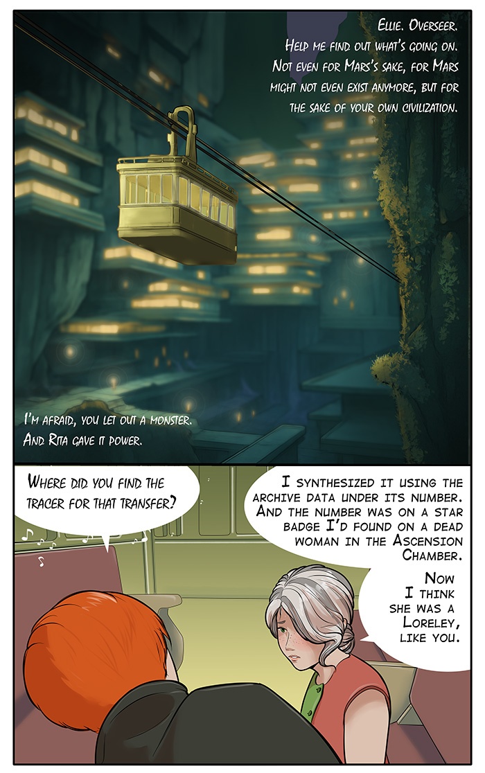 Gifts of wandering ice - Page 1163 - A monster with power - webcomic, comic, indie, graphic novel, genre, scifi, sci-fi, sf, science fiction, postapocalyptic, ice age, cableway car, cliff city, green haze, night scene, alliance, gloomy atmosphere, overseer Page 1163 - A monster with power
